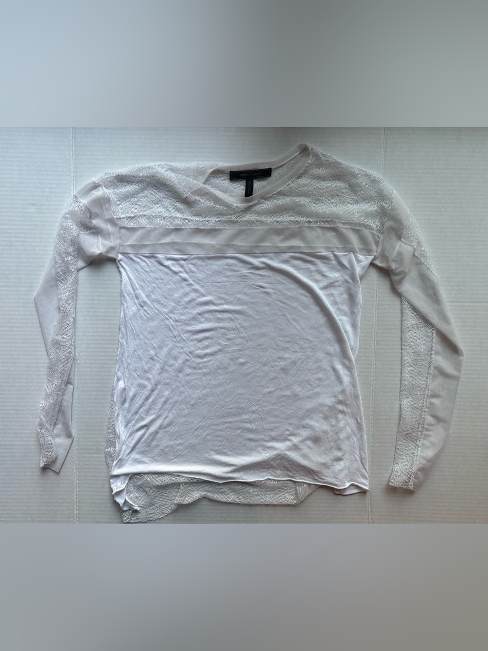 BCBGMaxAzria White sheer mesh Lace-Detail xs long sleeve top romantic ethereal